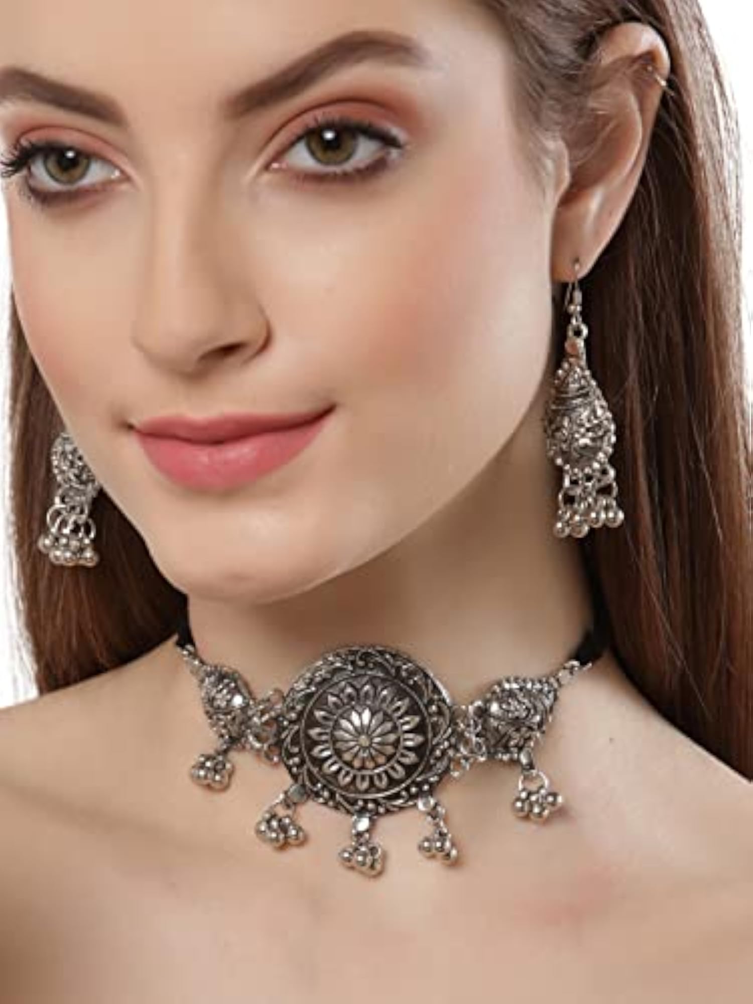 Stylish Traditional Oxidised Silver Necklace Jewellery Set